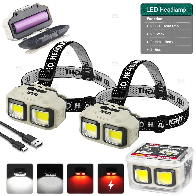 Headlamp Waterproof Rechargeable - Latarka czołowa LED COB, ładowalna, wodoodporna,